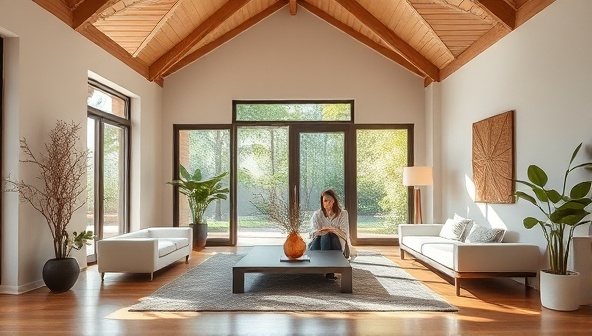 A serene architectural space designed with Feng Shui principles, featuring a harmonious balance of natural elements, calming colors, and strategic furniture placement to enhance energy flow and promote tranquility, with a Feng Shui consultant guiding clients through the space, creating a sense of peace and connection.