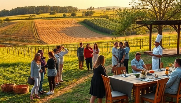 A picturesque farm landscape with tourists participating in a harvest activity, a chef conducting a cooking demonstration, and a rustic dining setup under a canopy of trees, capturing the essence of farm-to-table experiential tourism and culinary exploration.