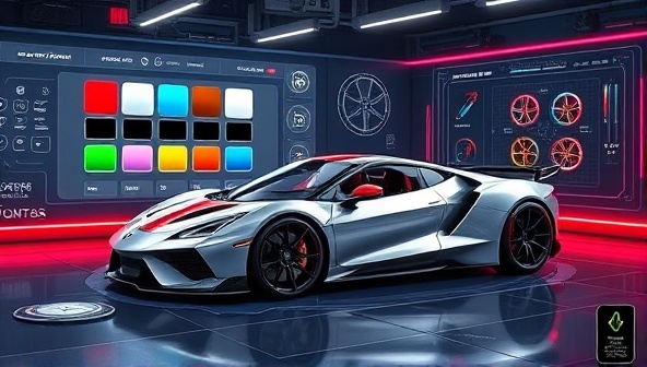 An interactive online platform showing a sleek sports car being transformed with different color options, body kits, and custom wheels, surrounded by futuristic digital tools and design elements, highlighting creativity and personalization.