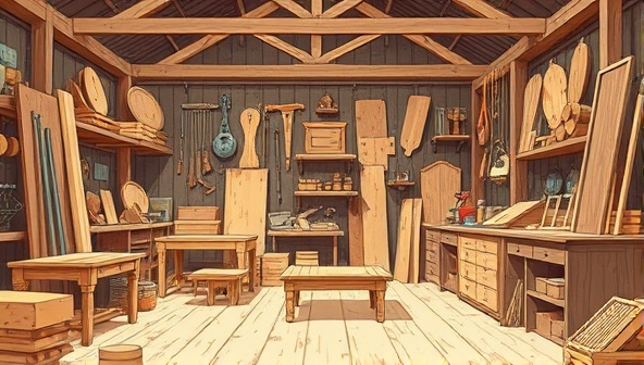 A rustic digital illustration featuring a woodworking workshop filled with custom-made wooden furniture pieces, tools hanging on the walls, and sawdust floating in the air, capturing the essence of craftsmanship and creativity in bespoke woodworking.