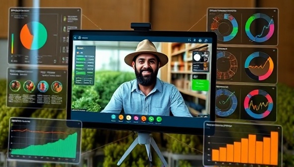 An online video conference screen showing a farmer interacting with an agri-tech consultant, surrounded by digital farm management tools and graphs, emphasizing the convenience and efficiency of virtual consultations in agricultural decision-making.
