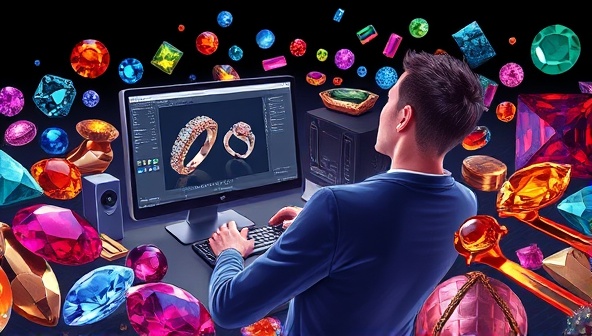 An artistic rendering of a customer using a computer to design a custom jewelry piece on a 3D modeling software, surrounded by vibrant gemstone patterns and design inspirations, capturing the essence of creativity and personalization.