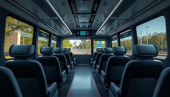 An artistic representation of a sleek and modern commuter bus interior with comfortable seating, high-speed Wi-Fi, and personalized digital screens for each passenger, illustrating a premium and tailored commuting experience.