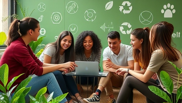 An inclusive and diverse group of Gen Z investors discussing sustainable investments on a digital platform, surrounded by greenery and eco-friendly symbols, showcasing the community-driven and environmentally conscious ethos of GreenGen Invest.