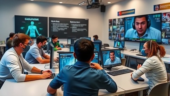 A dynamic and interactive virtual gaming classroom environment with mentors guiding students through gameplay strategies, tips, and techniques, with digital avatars engaging in a collaborative learning experience, fostering a sense of community and improvement.