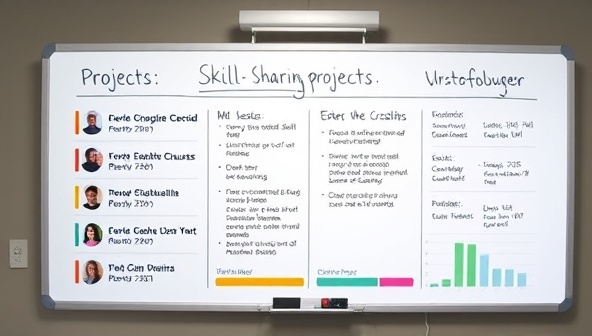 An interactive virtual whiteboard with various skill-sharing projects listed, each accompanied by a volunteer's profile picture and a progress bar, symbolizing collaboration and creativity in contributing skills for social causes on CauseCrafters.