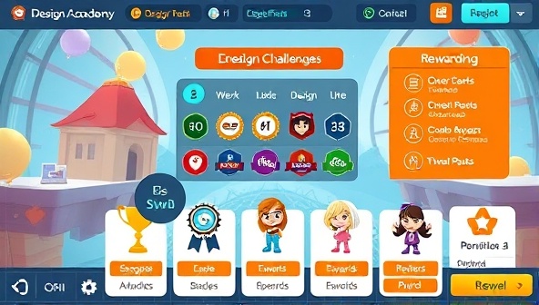 An interactive game interface displaying a virtual world of design challenges, badges, and rewards, with colorful avatars representing users progressing through levels of expertise on DesignQuest Academy, highlighting the engaging and rewarding learning experience.