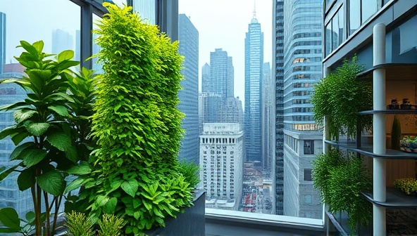 An artistic rendering of a sleek, modern vertical farming setup in a bustling city apartment, showcasing lush greenery growing vertically against a backdrop of urban architecture, blending nature with contemporary living.