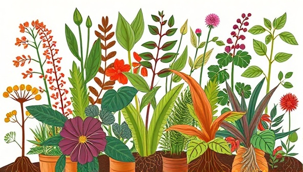 An artistic illustration of diverse plant species intertwined, symbolizing the unity and growth within the online plant parenting community.