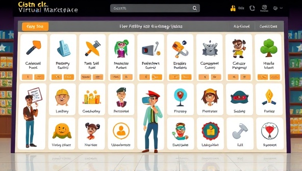 An engaging virtual marketplace interface displaying a diverse range of skill categories with animated icons representing various skills, creating a dynamic and interactive platform for skill exchange.