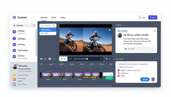 An interactive digital platform interface showing a video timeline with drag-and-drop editing features, a chat window for client-editor communication, and a rating system for editor feedback, illustrating seamless collaboration in video editing.