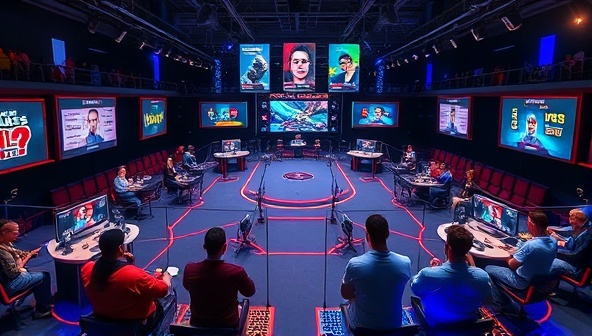 An interactive gaming arena featuring diverse skill-based challenges like quizzes, puzzles, and esports matches, with virtual avatars competing and spectators cheering, creating a vibrant and competitive gaming atmosphere.