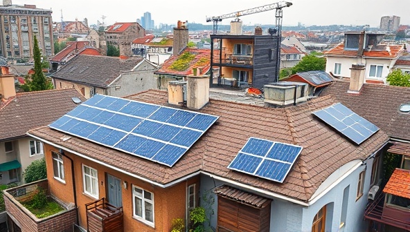 An urban community rooftop adorned with solar panels generating clean energy, interconnected with lines indicating energy sharing among diverse households and businesses, showcasing the collaborative and eco-friendly nature of the platform.