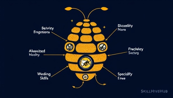 An artistic representation of a beehive symbolizing a hive of specialized skills and talents, with interconnected pathways leading to different industry sectors, showcasing the diverse and niche opportunities available on the SkillHiveHub platform.