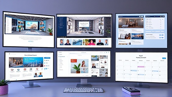 A digital workspace with multiple screens displaying virtual event layouts, a mood board with event themes, and a calendar marked with important dates, reflecting the dynamic and tech-savvy nature of the virtual event planning consultancy.