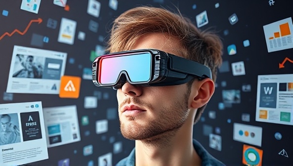 An artistic representation of a designer wearing AR glasses, surrounded by virtual design elements and website layouts seamlessly integrated into the physical environment, illustrating the transformative and interactive nature of AR DesignLens' web design consultation subscriptions.