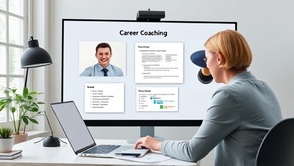 An image depicting a virtual career coaching session with a professional coach guiding a client through resume writing tips, career planning strategies, and job search techniques, illustrating the platform's personalized career guidance services.