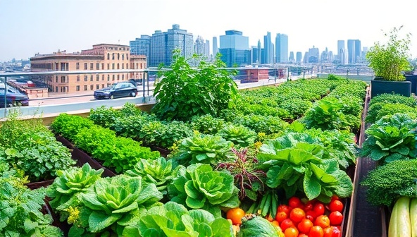 An urban rooftop garden filled with lush greenery and colorful vegetables, with a city skyline in the background, highlighting the unique blend of nature and urban living in the farm-to-table subscription service.