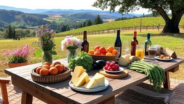 A charming outdoor picnic setup with a rustic wooden table adorned with fresh flowers, locally sourced produce, and artisanal cheeses, set against a backdrop of rolling hills and vineyards, creating a picturesque farm-to-table dining experience.