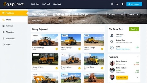 An interactive platform interface displaying a variety of mining equipment available for sharing, with detailed specifications, rental options, and user reviews, illustrating the user-friendly and efficient nature of the EquipShare Network for equipment sharing in the mining industry.