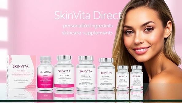 A sleek and modern visual representation of the SkinVita Direct personalized skincare supplements line, featuring elegant packaging designs, high-quality skincare ingredients, and vibrant imagery of radiant skin, reflecting a sense of luxury, customization, and beauty enhancement.