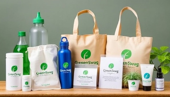 An image of a diverse range of eco-friendly promotional products such as reusable water bottles, tote bags, and plantable seed paper, arranged in a visually appealing and environmentally conscious display, showcasing the GreenSwag brand's commitment to sustainability.