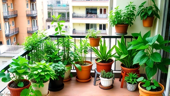 A vibrant urban balcony filled with lush green plants in various containers, showcasing the potential of creating a mini garden oasis in a limited space.