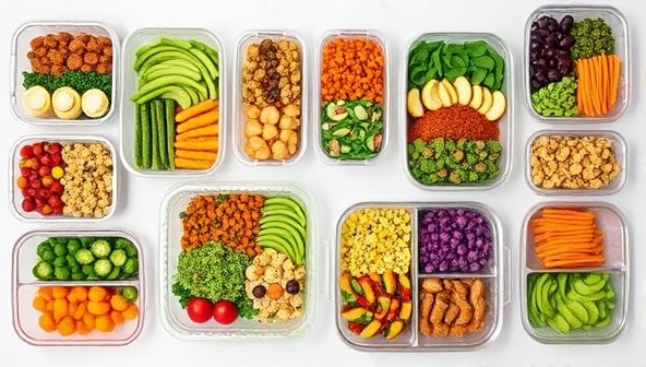 A series of vibrant and nutritious plant-based meal prep containers arranged in a visually appealing layout, showcasing colorful and appetizing vegan dishes that convey freshness, variety, and health-conscious meal options for on-the-go consumers.