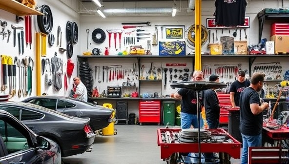 A vibrant workshop space with tools neatly organized on walls, shelves stocked with automotive parts and accessories, and customers engaged in DIY auto repair projects, creating a dynamic and welcoming environment for car enthusiasts and DIYers.