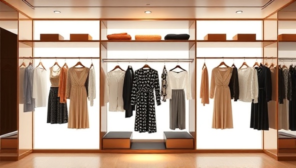 An elegant and chic virtual wardrobe with digital clothing items displayed on a stylish background, symbolizing virtual fashion consultations and personalized styling services.