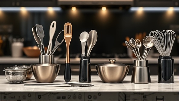 An eye-catching image of a variety of sleek and modern kitchen tools displayed on a stylish countertop, with soft lighting enhancing the metallic finishes and textures, conveying a sense of sophistication and culinary creativity.