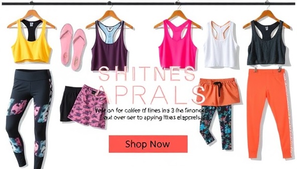 An eye-catching visual displaying a curated selection of fitness apparel items available for rental, presented in a stylish and trendy manner, with vibrant colors and patterns, conveying a sense of fashion-forward fitness options for subscribers.