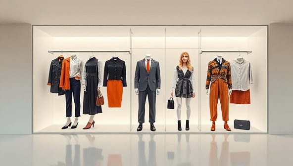 A sleek and modern digital interface showing a virtual wardrobe with various outfit options, styled mannequins, and fashion accessories, creating a personalized and trendy fashion experience.