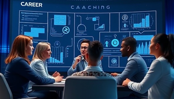 An engaging virtual career coaching session depicted by a diverse group of professionals interacting with a futuristic AI interface, symbolizing career empowerment and advancement.