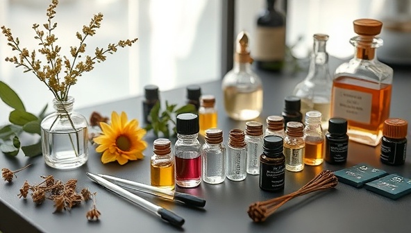 An artistic setup of ScentCraft Studio's virtual scent creation workshop featuring a variety of glass vials, pipettes, and aromatic oils on a sleek tabletop, surrounded by fresh botanicals and a vintage perfume bottle, setting an ambiance of creativity and sensory exploration.