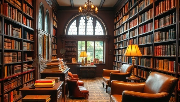 A charming bookstore interior with vintage leather-bound books, cozy reading nooks, antique reading lamps, and comfortable armchairs, inviting visitors to immerse themselves in a world of literary treasures and old-world charm.