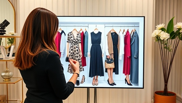 An elegant virtual styling session featuring a stylist interacting with a client through a digital platform, presenting stylish outfit options, color palettes, and accessories on a virtual wardrobe screen, creating a personalized and fashionable styling experience.