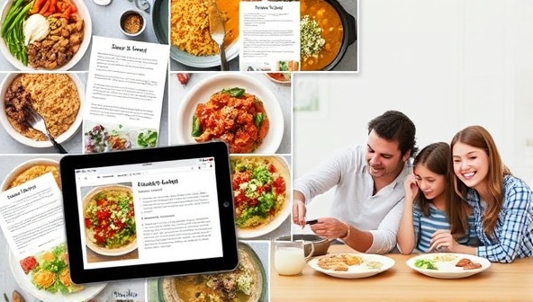 An engaging digital collage featuring a variety of colorful and appetizing dishes with personalized recipe cards, a tablet displaying the subscription service interface, and a happy family enjoying a homemade meal together, highlighting the convenience and satisfaction of the personalized recipe experience.