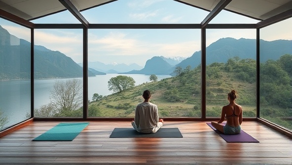 An immersive online retreat setting with virtual yoga classes, meditation sessions, and wellness workshops, featuring serene nature backgrounds, soothing music, and a sense of tranquility and rejuvenation that defines the SoulScape Journeys experience.