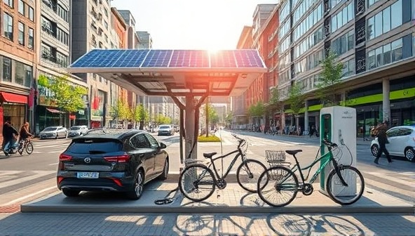An urban scene showcasing a solar-powered charging station with electric vehicles and bicycles being charged under the sun, surrounded by a bustling city environment, illustrating the integration of sustainable energy solutions into urban infrastructure for cleaner transportation options.