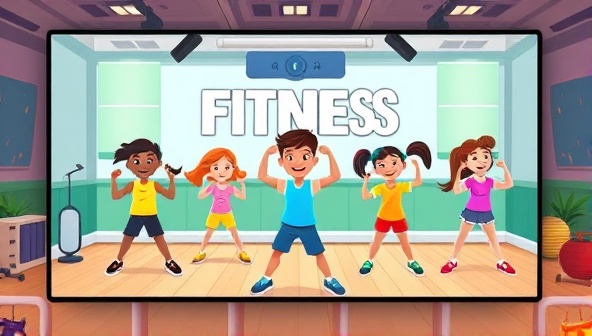An animated and colorful virtual fitness class scene with cartoon-style characters of kids exercising enthusiastically on screen, accompanied by cheerful music and motivational cues, creating a vibrant and engaging fitness environment for children.