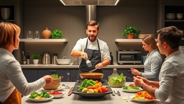 An interactive virtual cooking class with a chef demonstrating a recipe in a modern kitchen setup, with participants following along from their own kitchens, surrounded by fresh ingredients and cooking utensils, capturing the essence of ChefLink's culinary experiences.