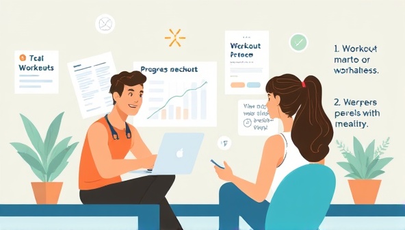 An inspiring digital illustration portraying a mentor and mentee engaging in a virtual fitness coaching session, with workout plans, progress charts, and motivational quotes in the background, symbolizing the supportive and empowering nature of FitMentor Connect's mentorship program.