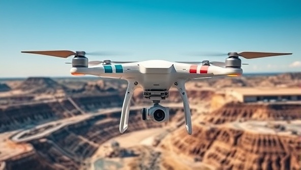 A drone in flight equipped with high-resolution imaging technology capturing detailed survey data of a mining site, showcasing the precision and efficiency of drone-based surveying services for mining companies.