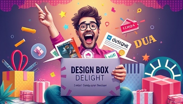 An artistic representation of a designer joyfully unboxing a DesignBox Delight package filled with design tools, resources, and inspirational items, surrounded by vibrant colors and creative elements, evoking a sense of excitement and creativity in the design community.
