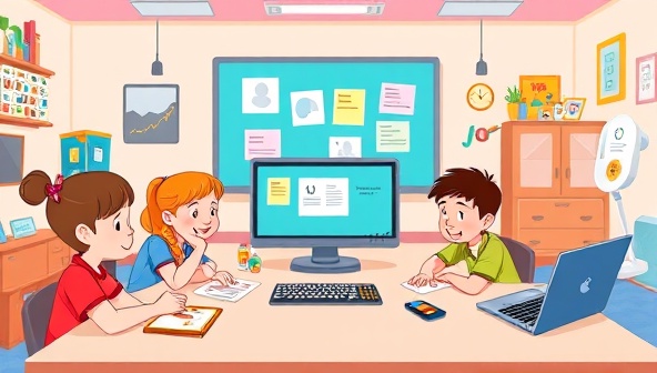 An engaging and colorful online coding classroom environment with animated characters, coding blocks, and digital devices, where kids are actively participating in coding activities and exploring the world of programming with CodeWhiz Junior, showcasing the fun and educational aspects of the bootcamp.