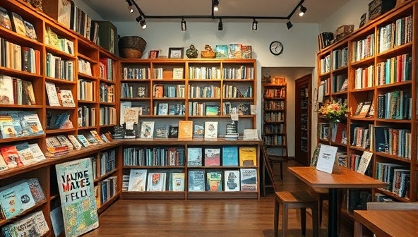 A cozy bookstore and cafe setting with shelves filled with travel books, a cafe counter serving international delicacies, a corner for language classes, and a communal area for travelers to share stories and connect, embodying the welcoming and cultural ambiance of Journey Pages Cafe.