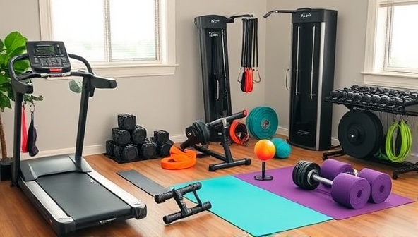 An assortment of premium fitness equipment neatly arranged in a home workout space, showcasing a treadmill, weights, resistance bands, and yoga mats, creating an inviting and functional fitness environment for users to achieve their workout goals conveniently through rental services.