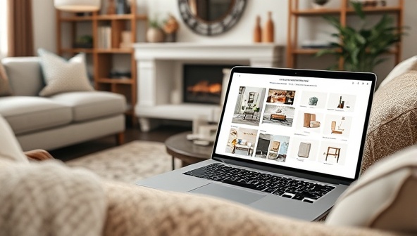A cozy living room setting with a laptop displaying a virtual design consultation, mood boards, fabric swatches, and furniture samples, creating a stylish and inspiring atmosphere for home decor enthusiasts.