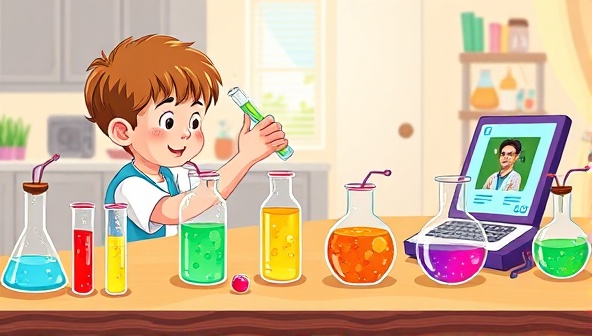 An illustration of a child conducting a colorful science experiment at a home table, surrounded by test tubes, beakers, and a laptop playing an instructional video, creating a dynamic and engaging learning environment.